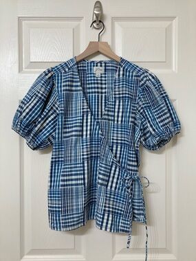 J. Crew Women's Blue Patchwork Plaid Puff Sleeve Wrap Top Small Preppy Coastal